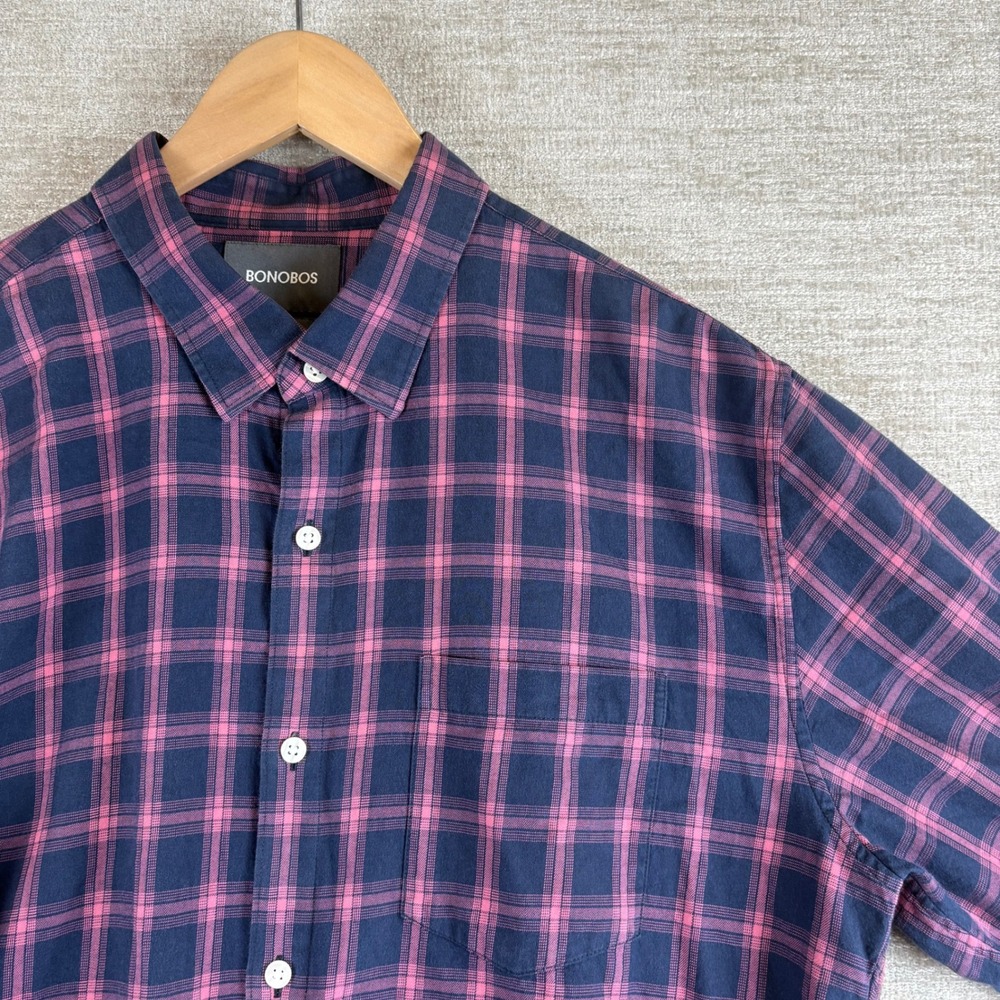 Bonobos Slim Fit Button Down Shirt Mens XL Navy Pink Plaid EUC Preppy Fall Cabin